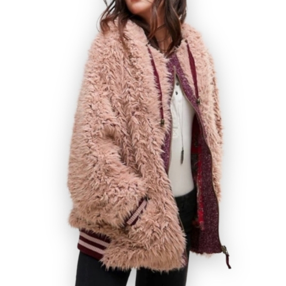 Free people Fluffy Dolman Oversized Fit Fuzzy Teddy Fur Jacket Hoodie size XS/S - Picture 1 of 16